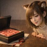 たぬ耳のコモチが、夕方の柔らかな灯りの中で、開封された近江牛ギフト箱を優しく見つめている横長ポートレート。上品な黒箱と霜降り肉が丁寧に並ぶ、落ち着いた贈り物シーン。 A warm landscape portrait of Komochi with tanuki ears, gently gazing at an open gift box of beautifully arranged Omi beef under soft evening light. A calm, refined atmosphere highlighting a thoughtful Japanese gift moment.