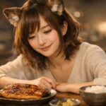 ふっくら香ばしく焼き上げたうなぎ蒲焼きを見つめるコモチが、温かい木のテーブル越しに微笑む横長ポートレート。湯気と夕方の柔らかい光が、家庭料理のぬくもりを引き立てる。 A warm landscape portrait of Komochi gazing softly at a freshly grilled unagi fillet. Steam rises gently from the dish as warm evening light highlights the cozy, home-style dining setting.