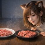 たぬ耳のコモチが、リブニット姿でロースとサーロインの近江牛を見比べる横長の朝食卓シーン。左はクールな朝光、右は暖かい灯りが差し込み、比較のニュアンスが伝わる構図。 Komochi, a girl with tanuki ears in a rib-knit sweater, gently comparing two plates of Omi beef—loin on the left and sirloin on the right—under mixed morning lighting in a calm landscape composition.