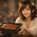 リボンをほどいたギフト箱から湯気の立つうなぎ蒲焼きを差し出すコモチ。夕方の柔らかな光に照らされた横長ポートレートで、温かな贈り物の瞬間を伝える。 Komochi presents an open gift box revealing steaming grilled unagi, warmly lit by soft evening light. A landscape portrait capturing the heartfelt moment of offering a Japanese food gift.