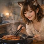 温かい台所の光の中、コモチが湯気をまとったうなぎ蒲焼きをそっと器に移す姿。頬に沿うリムライトが静かな時間を描く一枚。 A warm kitchen scene where she gently plates steaming grilled eel, rim light touching her cheek in a quiet, intimate moment.