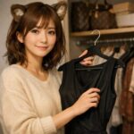 クローゼットの前で私服の若い女性がハンガーのドレスをそっと手に取り、今日の一着を悩みながら選んでいる様子を横長で切り取った室内ポートレート。 A young woman in casual clothes stands before an open closet, gently holding a dress on a hanger in a wide portrait, pausing to choose what to wear.
