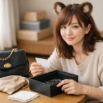 コメ兵の店頭買取に持ち込む前に、自宅のテーブルでコモチがブランドバッグと箱、保存袋、ギャランティカードなどの付属品をひとつずつ並べてチェックしている様子が分かる横長ポートレート。落ち着いた室内光の中で、買取前の準備を丁寧に進める主婦目線のシーン。 Komochi sits at her table at home, carefully checking a designer bag, its box, dust bag and authenticity card before taking everything to an in store buyback counter, a calm horizontal portrait that shows how thoughtful preparation helps avoid lower appraisal offers.