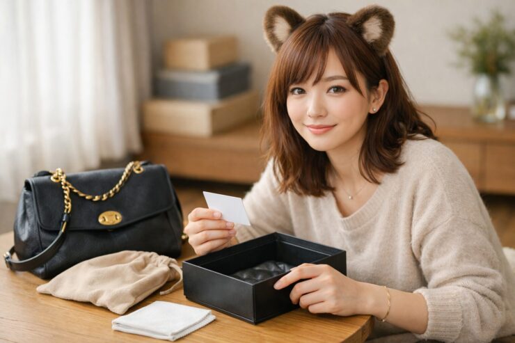 コメ兵の店頭買取に持ち込む前に、自宅のテーブルでコモチがブランドバッグと箱、保存袋、ギャランティカードなどの付属品をひとつずつ並べてチェックしている様子が分かる横長ポートレート。落ち着いた室内光の中で、買取前の準備を丁寧に進める主婦目線のシーン。 Komochi sits at her table at home, carefully checking a designer bag, its box, dust bag and authenticity card before taking everything to an in store buyback counter, a calm horizontal portrait that shows how thoughtful preparation helps avoid lower appraisal offers.