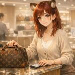 コメ兵の店頭カウンターでブランドバッグを前に、メルカリ出品と店頭買取を頭の中で比べながらスタッフに査定を相談するコモチ Komochi at a brand buyback counter, quietly comparing the effort of listing on a resale app with the ease of in store valuation for her designer bag