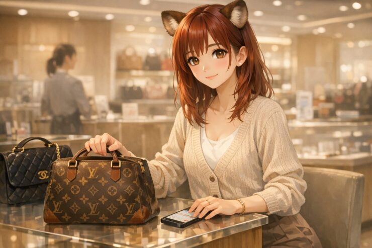 コメ兵の店頭カウンターでブランドバッグを前に、メルカリ出品と店頭買取を頭の中で比べながらスタッフに査定を相談するコモチ Komochi at a brand buyback counter, quietly comparing the effort of listing on a resale app with the ease of in store valuation for her designer bag